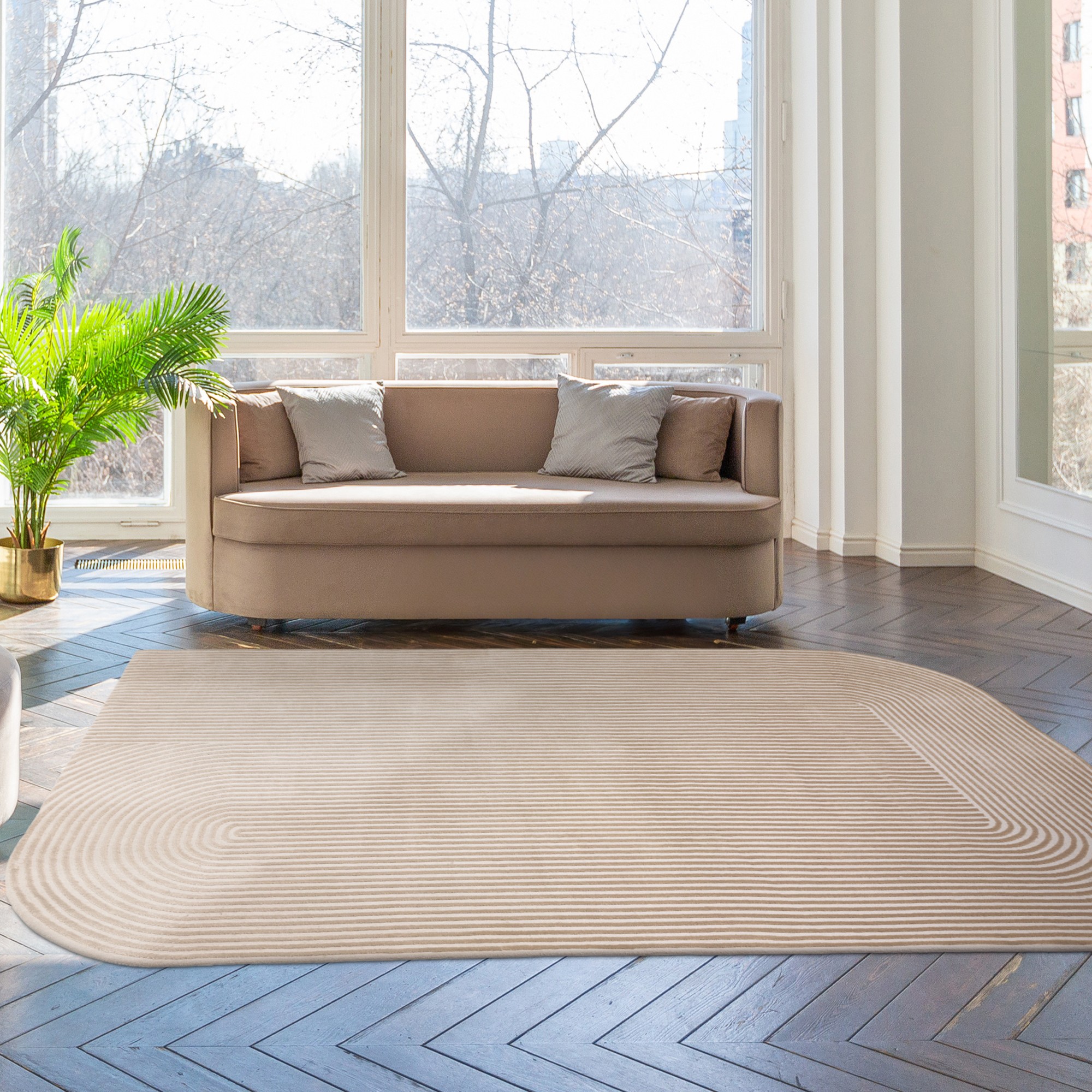 Kuza Shape Abstract Stripe Modern Rugs In Gold Cream